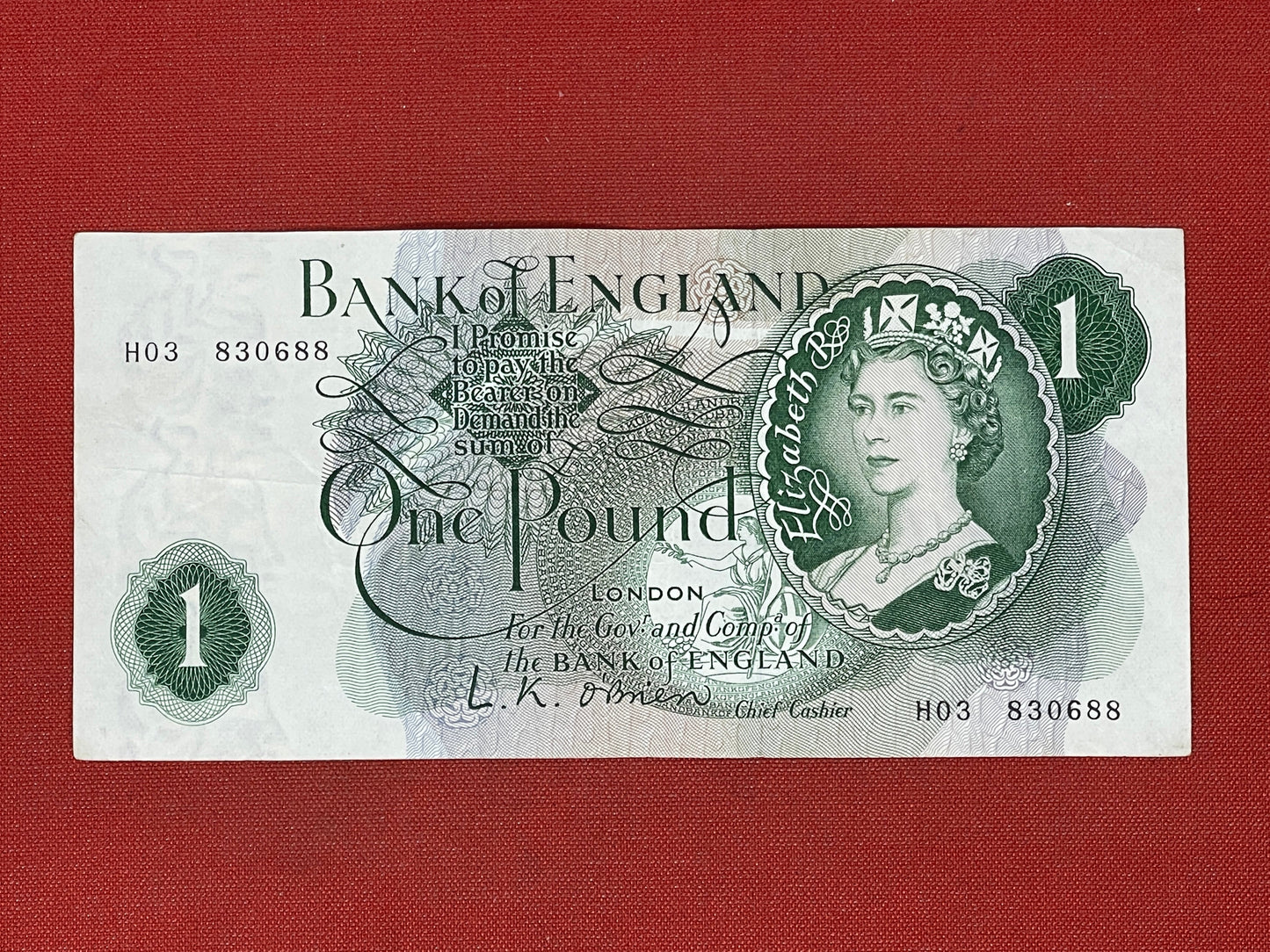 1960 - 1963 Bank of England L K O'Brien Green £1 One Pound Banknote 17th March 1960