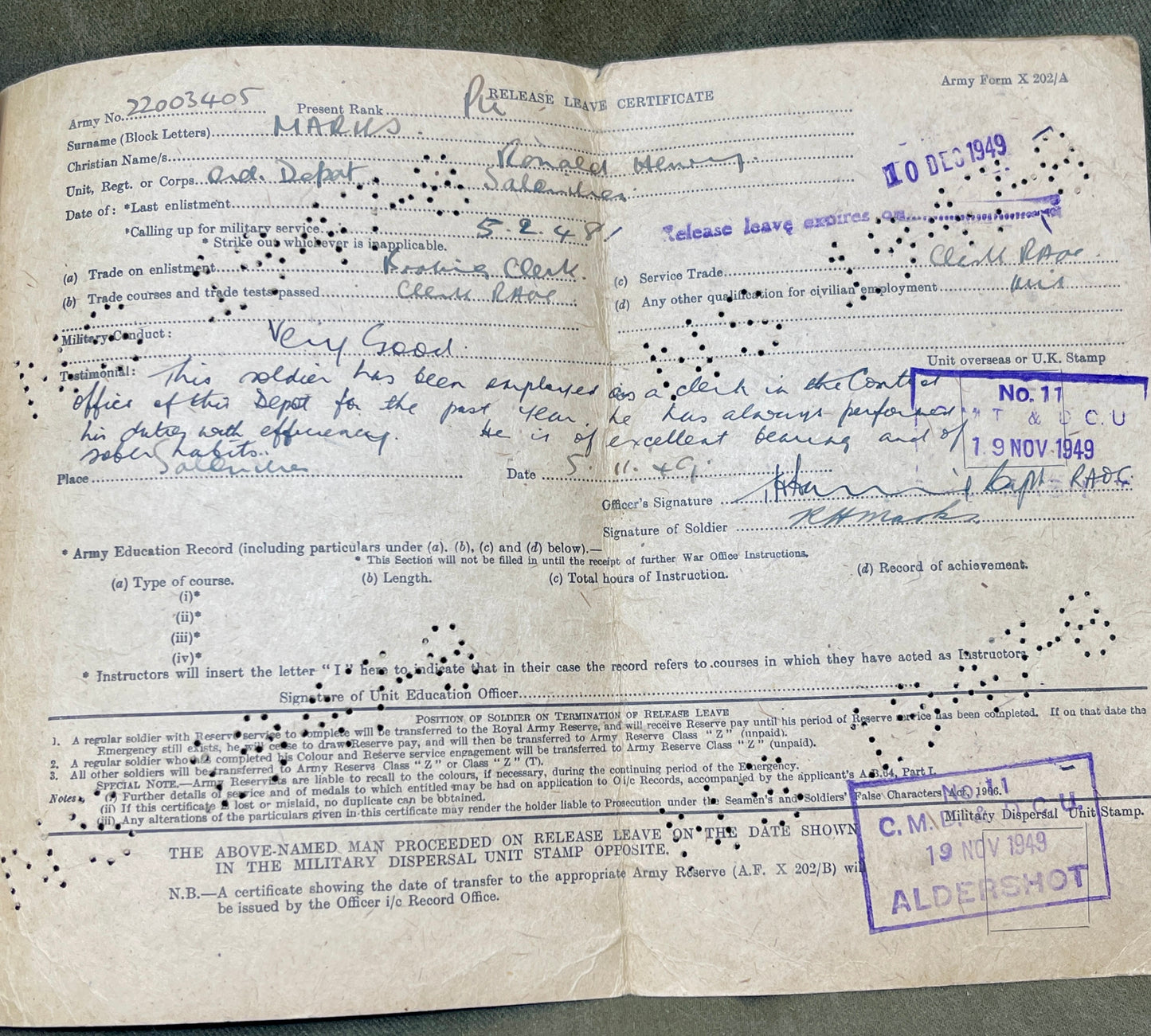 A 1948 Collection Of Demob Service Paperwork to 22003406 Ronald Henry MARKS