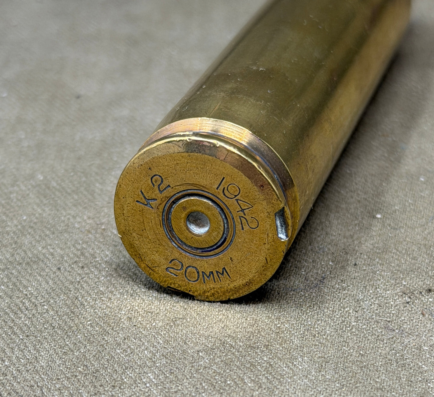 Original 1952 20mm Brass Cartridge Case – RG (Radway Green) – Collectible Ammunition