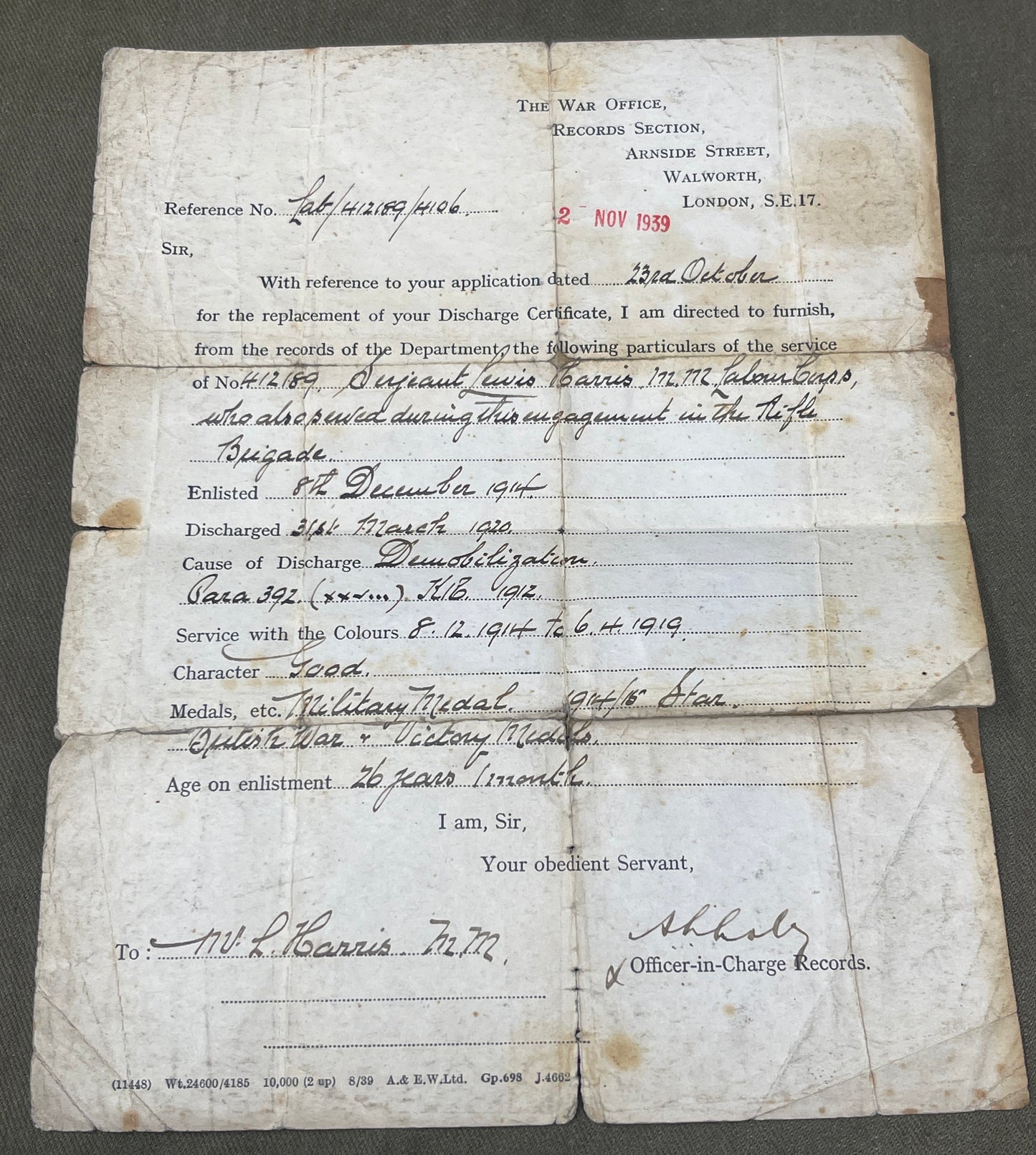 Service Record 412189 Sgt lewis Harris MM