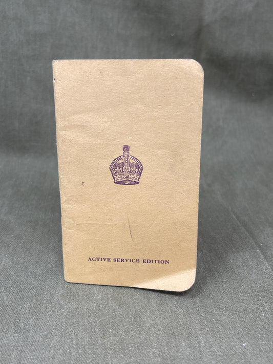 The Gospel of St. John: Active Service Edition was a compact, pocket-sized scripture booklet issued to British and Commonwealth soldiers during World War II. Designed to fit in a battle blouse pocket, this special edition provided spiritual support to troops facing the hardships of war. Often featuring a message from King George VI, it was distributed by religious organizations like the Scripture Gift Mission. The booklet served as a source of comfort, faith, and resilience on the front lines. Today, surviv