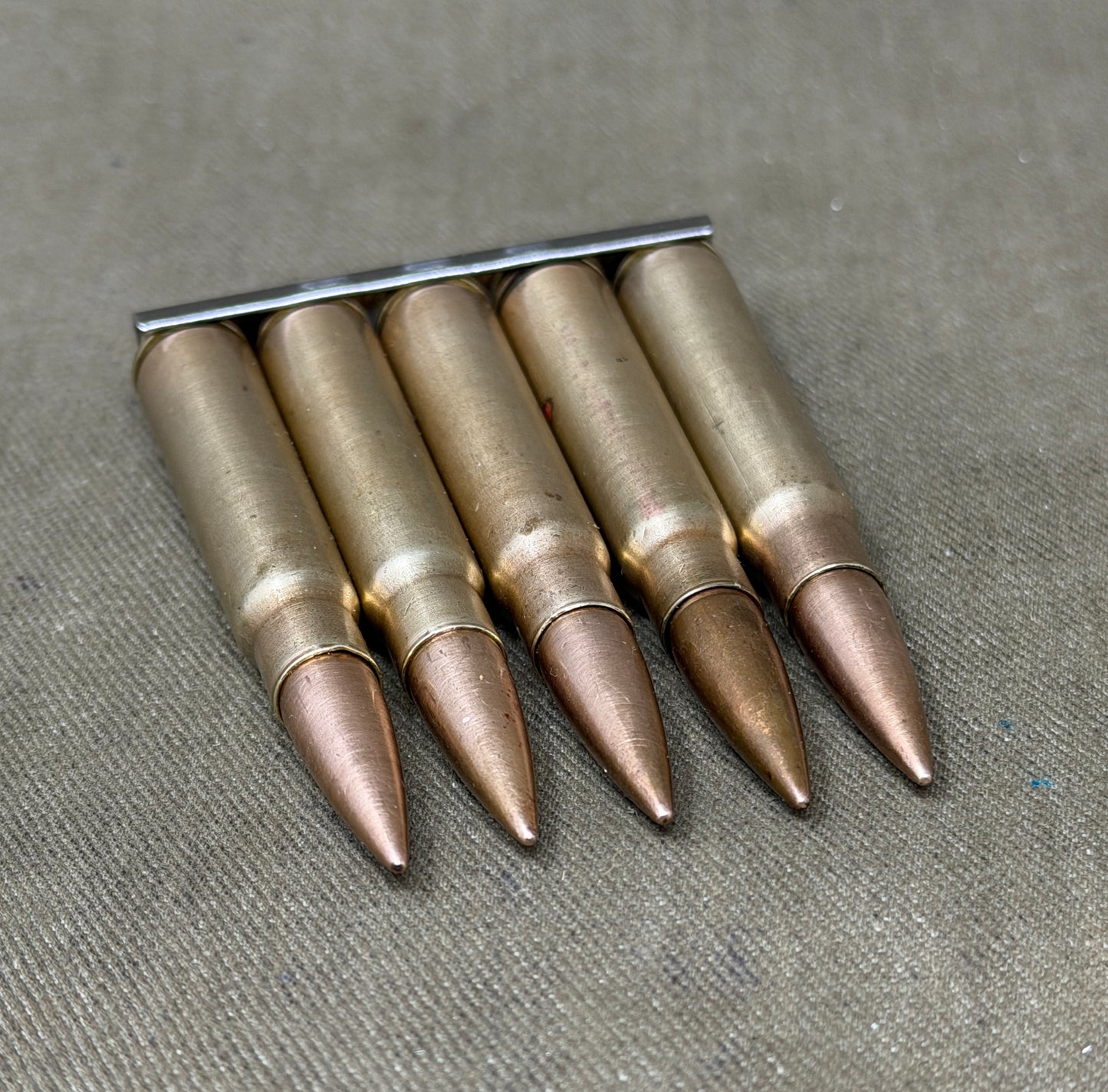 1938 German Mauser 7.92mm Inert Rounds on Original Stripper Clip – P369 Wehrmacht Ammunition