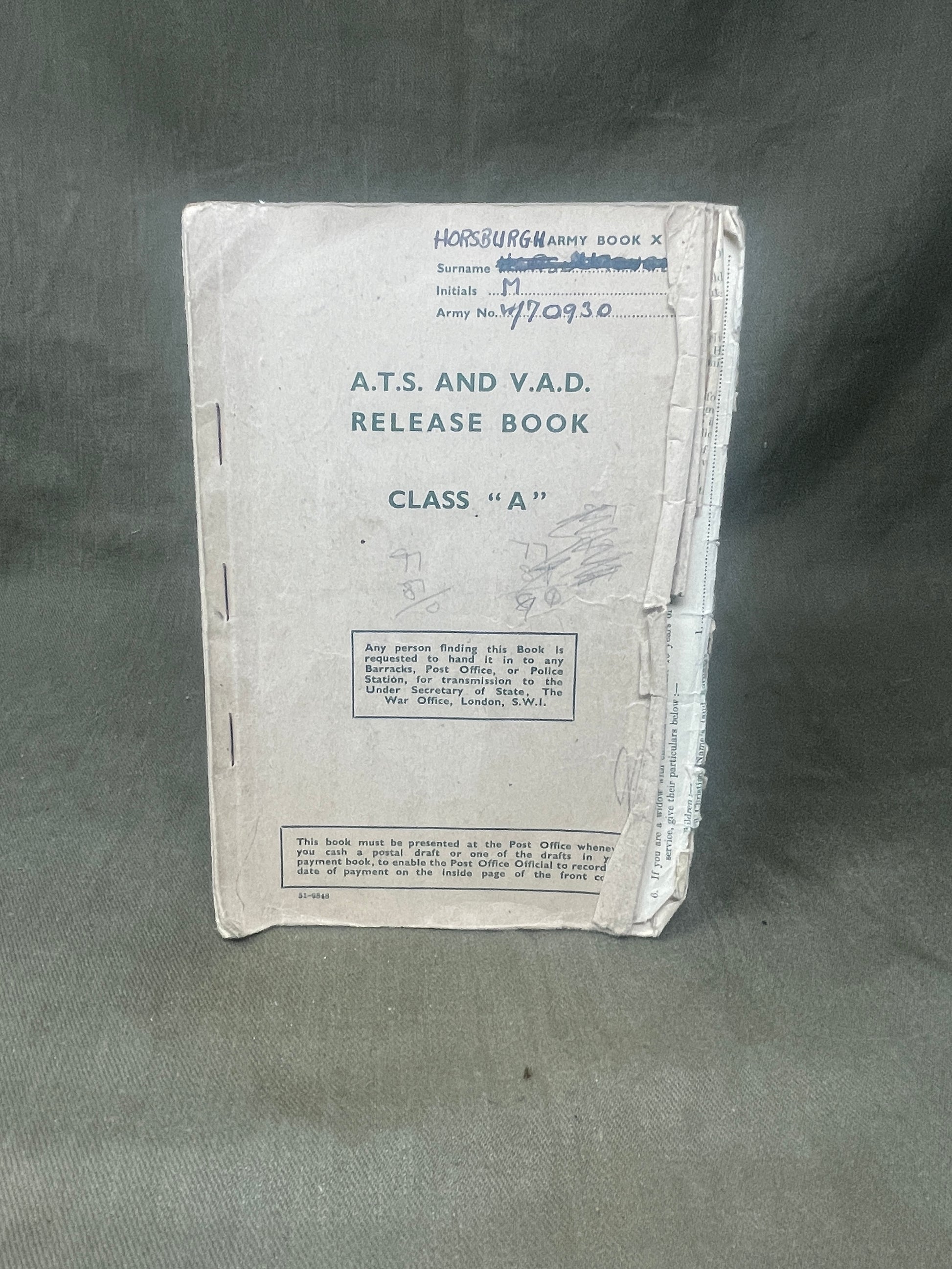 Explore the WW2 British Army A.T.S. and V.A.D. Release Book – Class A for M. Horsburgh. A historical document detailing women's wartime service and demobilization.