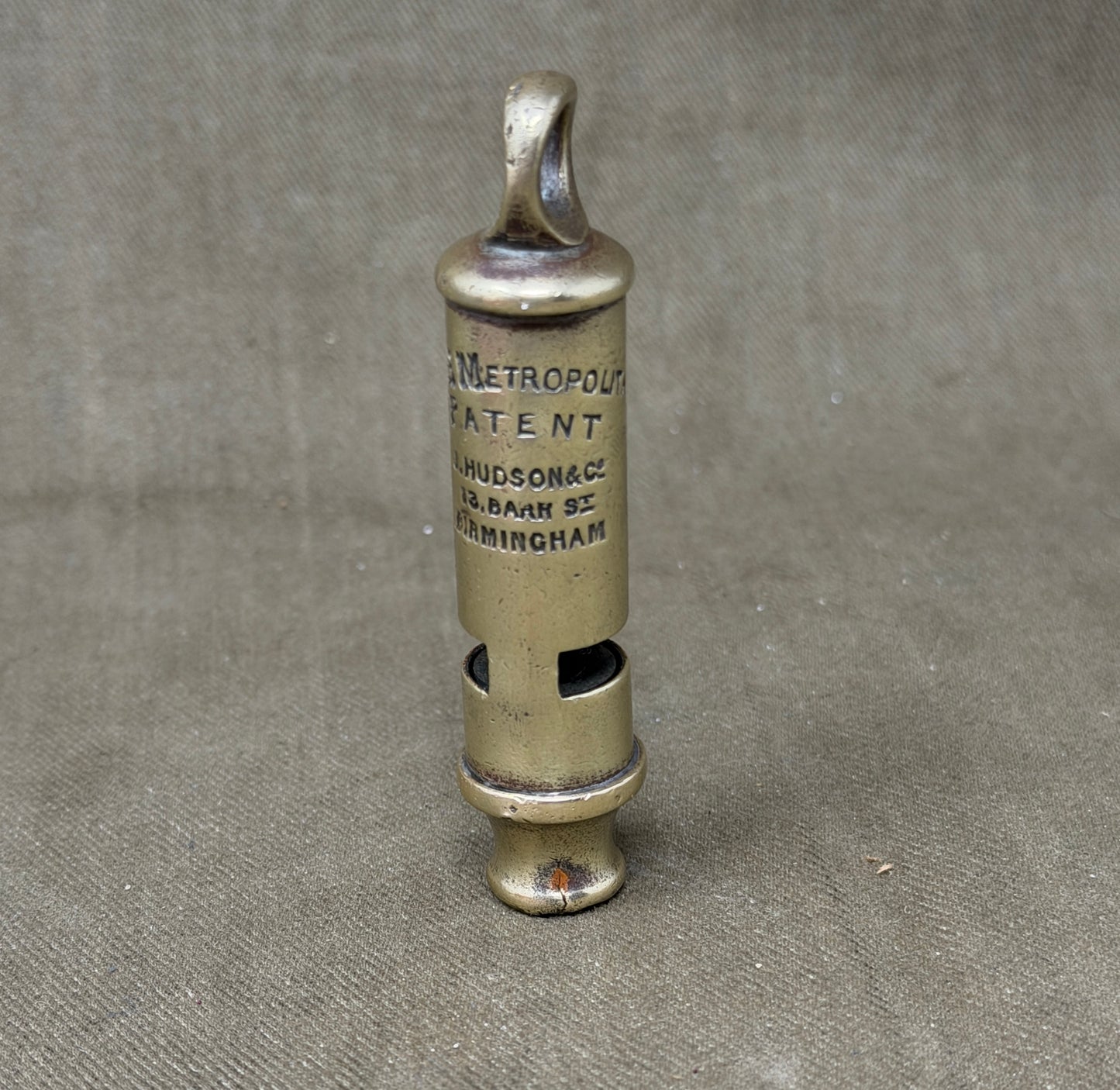 Original Victorian J. Hudson & Co Metropolitan Patent Brass Police Whistle – 13 Barr Street Birmingham c.1890-1910