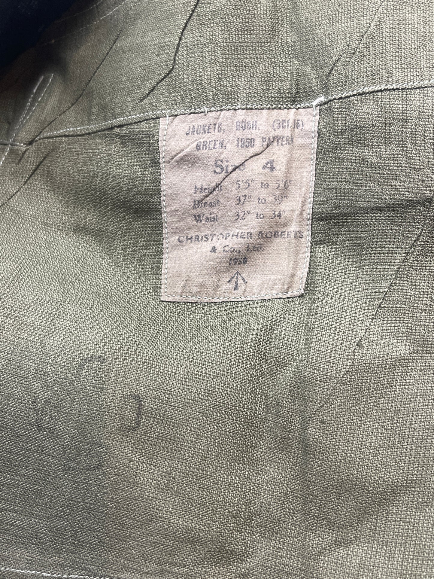 Original 1950 British Army Jungle Green Bush Jacket β Size 4, Christopher Roberts & Co. β Excellent Condition