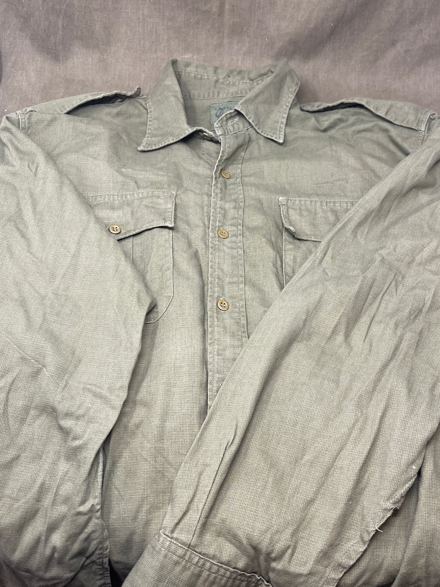 British Olive Airtex Shirt. dated 1966 G.K & Co Ltd 17.5" Neck