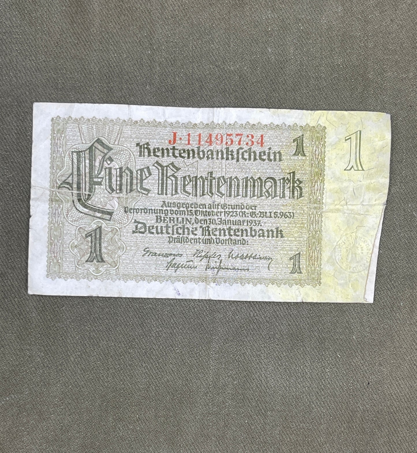 Rentenmark Berlin 30 January 1937 German Banknote