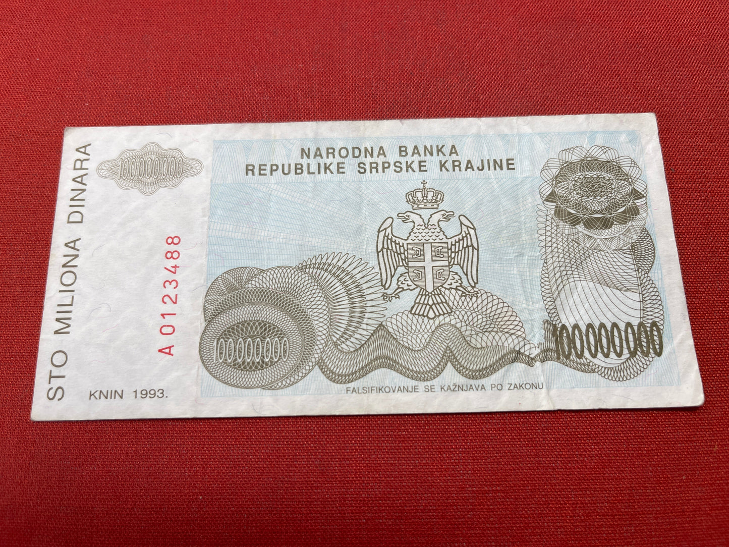 Narodna Banka Republike Srpske Krajine 10000000 Serial A0123488 Date 1993