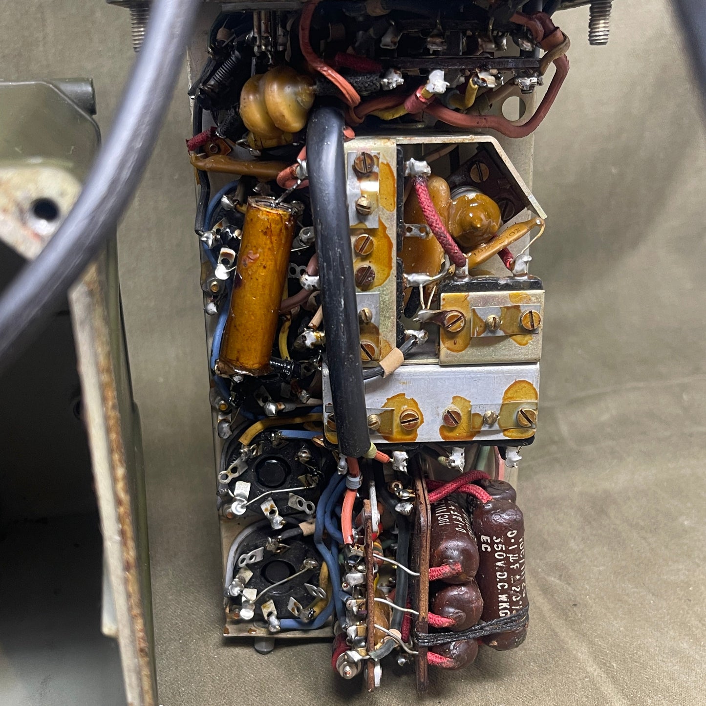 Close-up of electronic components on a metal surface