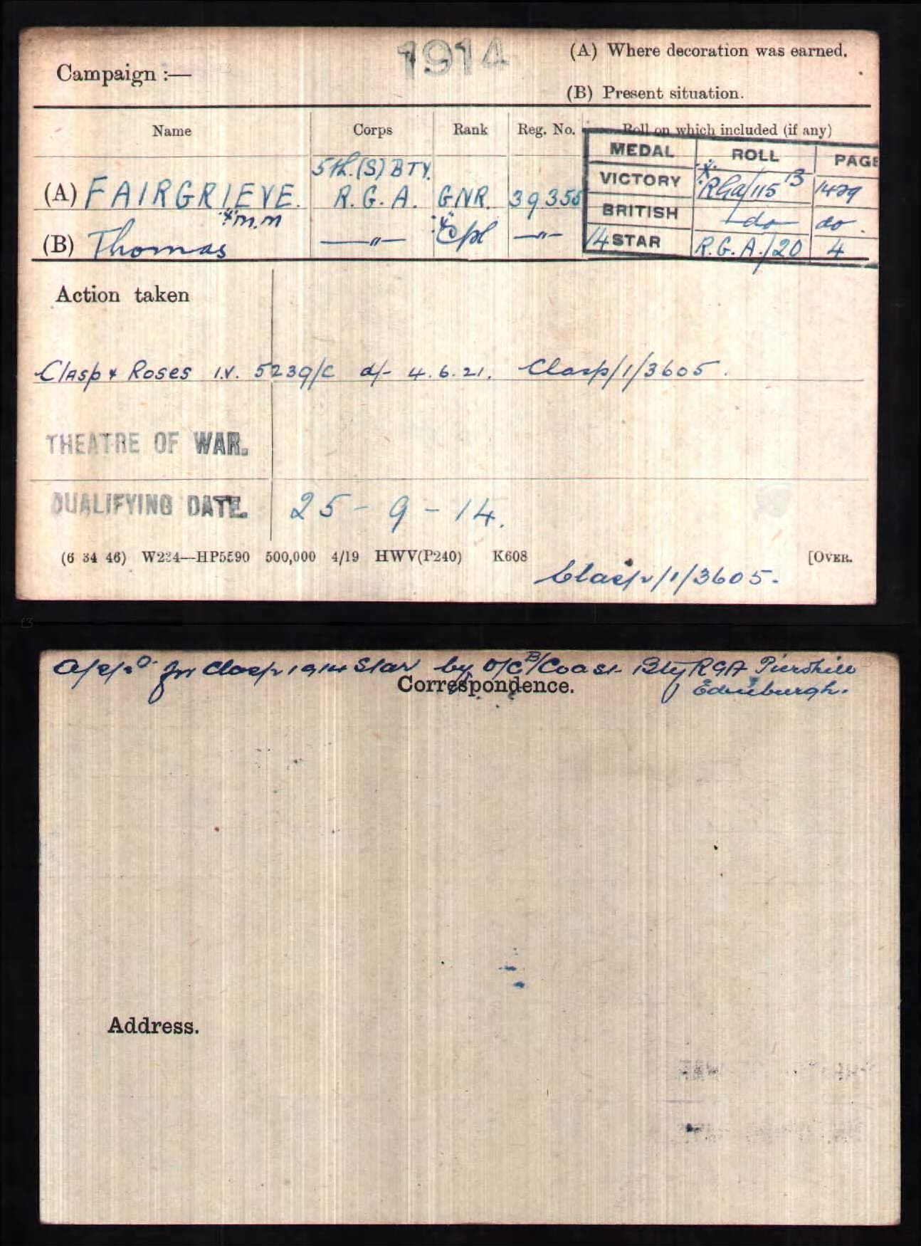 Great War MM Group Bmdr 39355 T Fairgrieve 5 Siege Battery