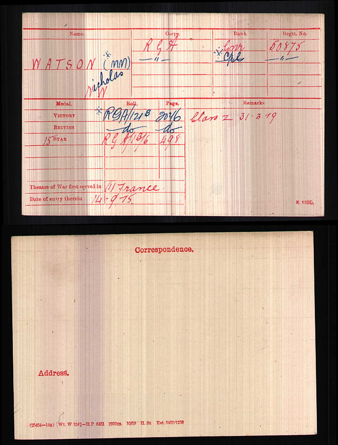 ww1 medal card