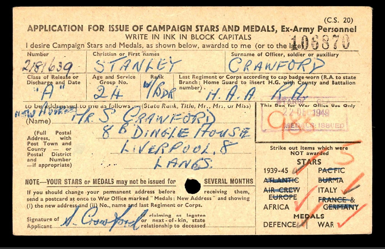 Original WWII Medal Group to Mr S Crawford – Africa Star, Italy Star & Named OHMS Issue Box