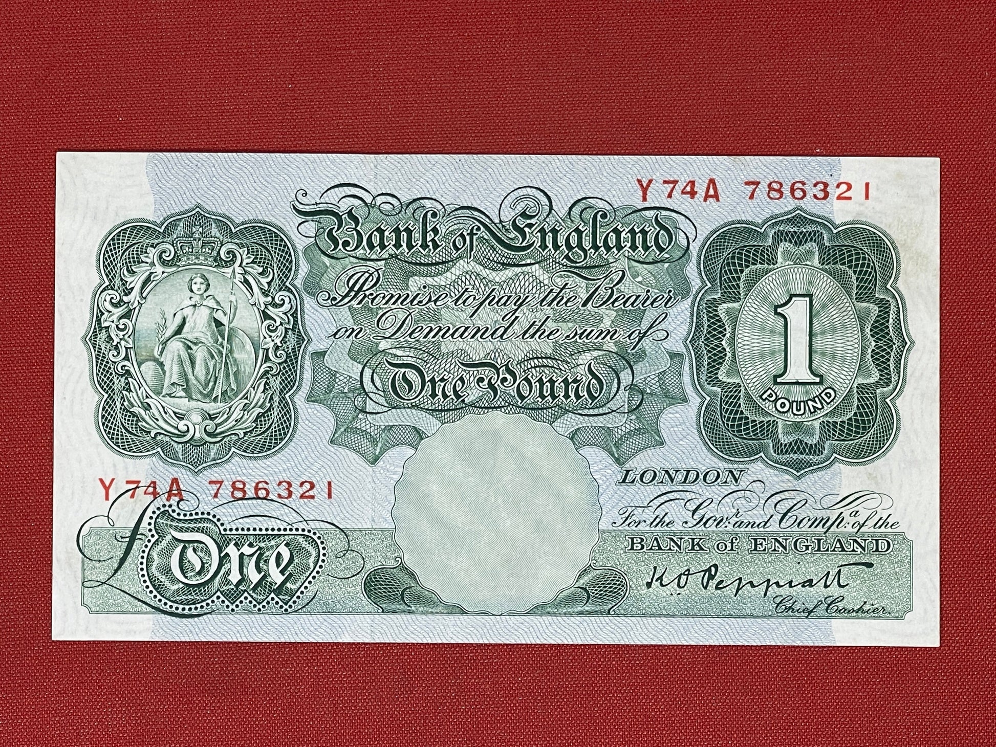 K.O. Peppiatt, One Pound, Y74A 786321 ( Dugg. B.260 ) Series "A" Britannia Issue