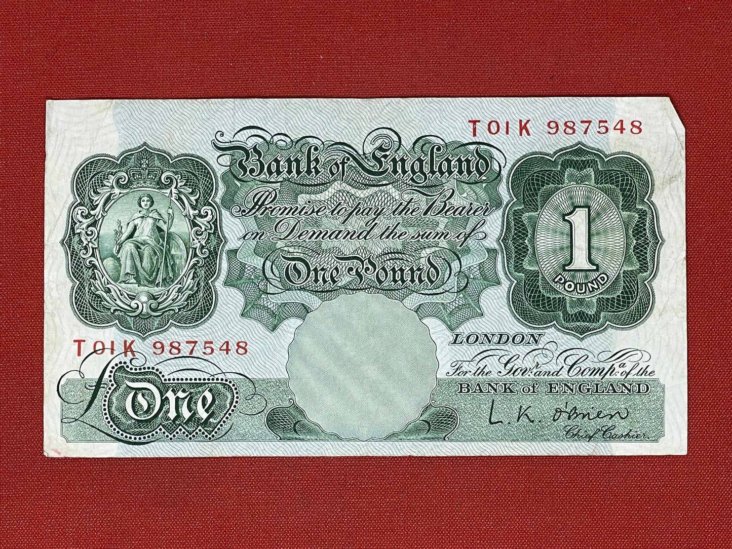 L.K. O'Brian, One Pound, T01K 987548 ( Dugg. B.273 ) Series "A" Britannia 21st November 1955