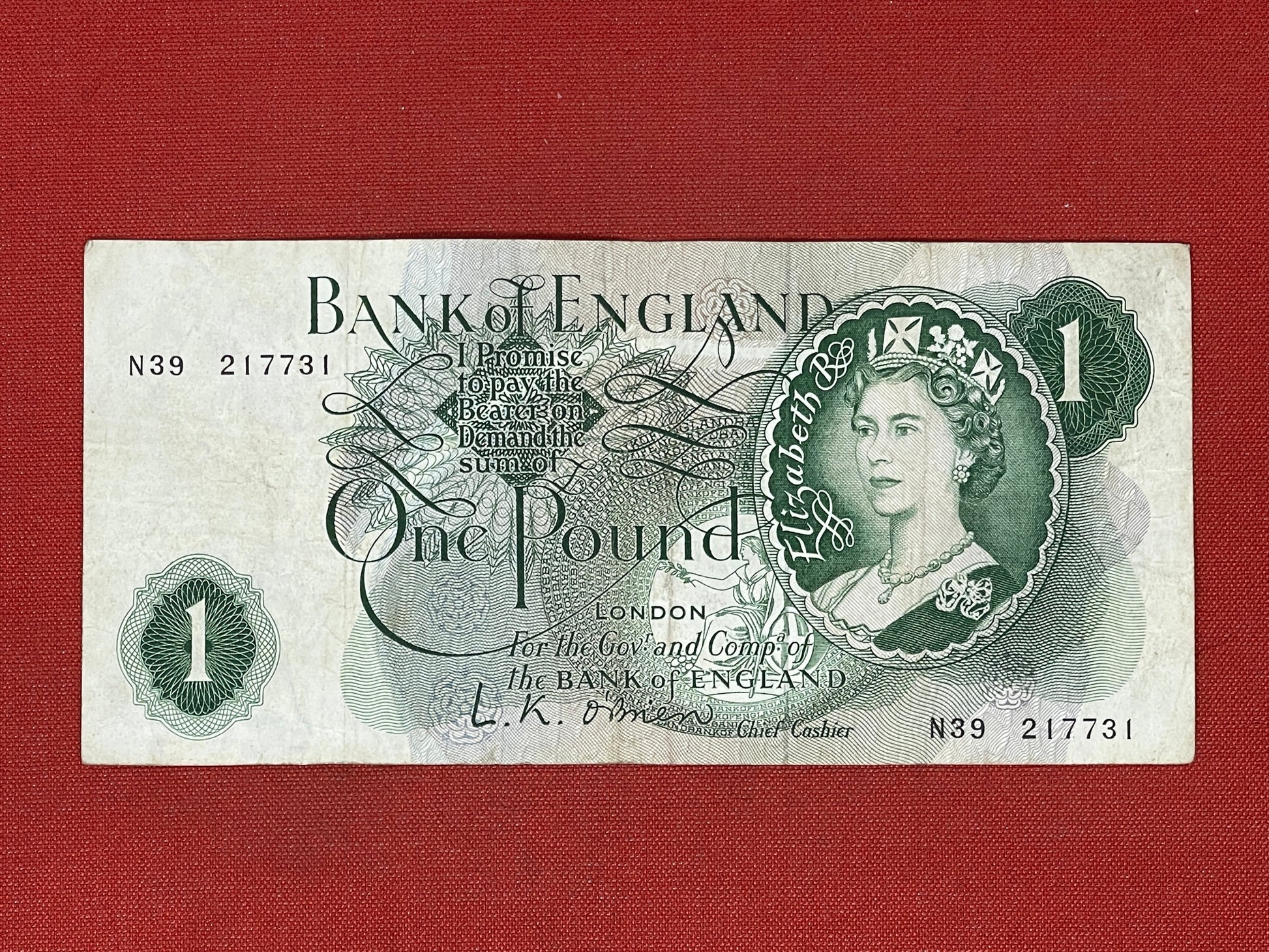 1960 - 1963 Bank of England L K O'Brien Green £1 One Pound Banknote 17th March 1960