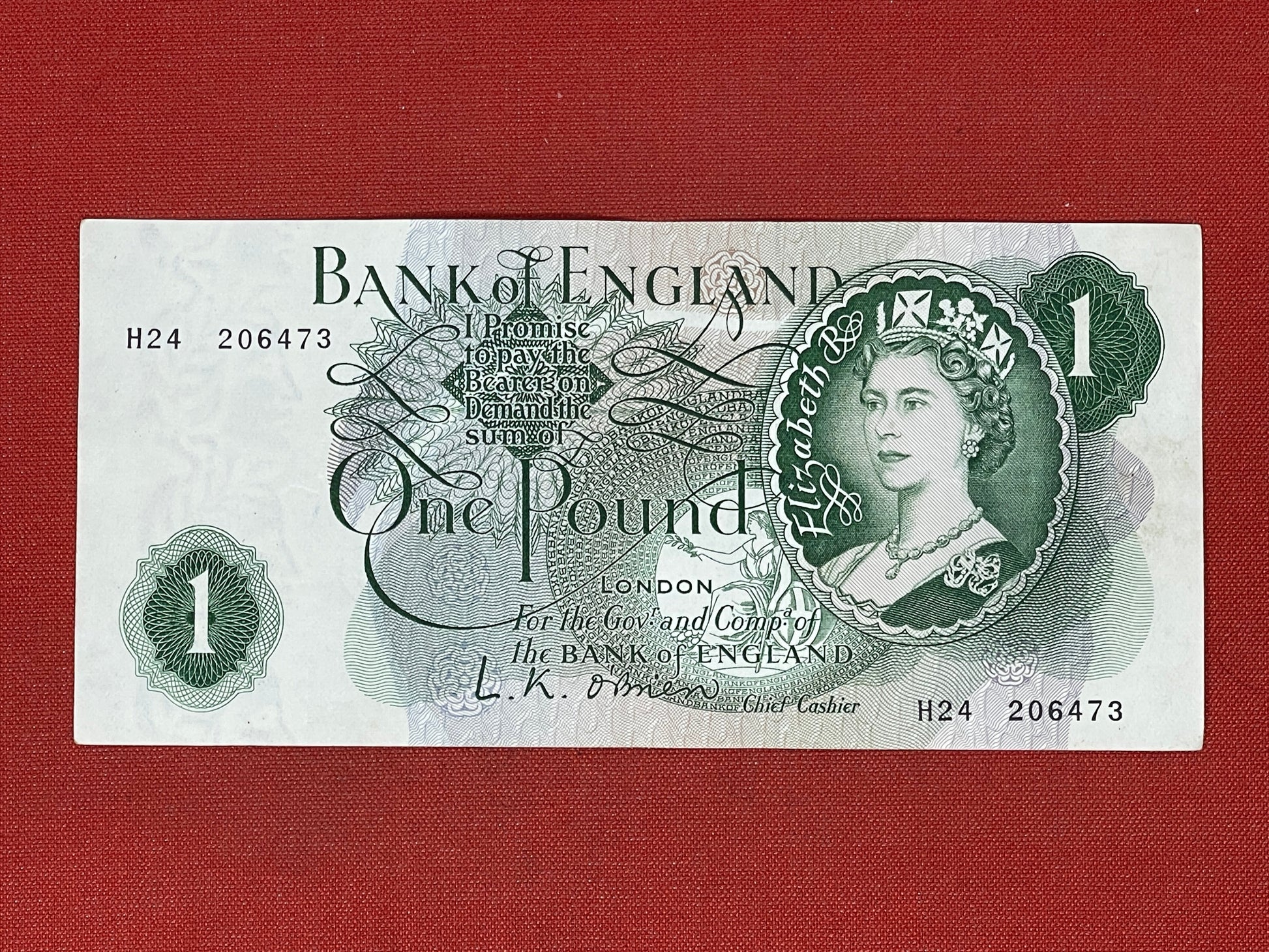 1960 - 1963 Bank of England L K O'Brien Green £1 One Pound Banknote 17th March 1960