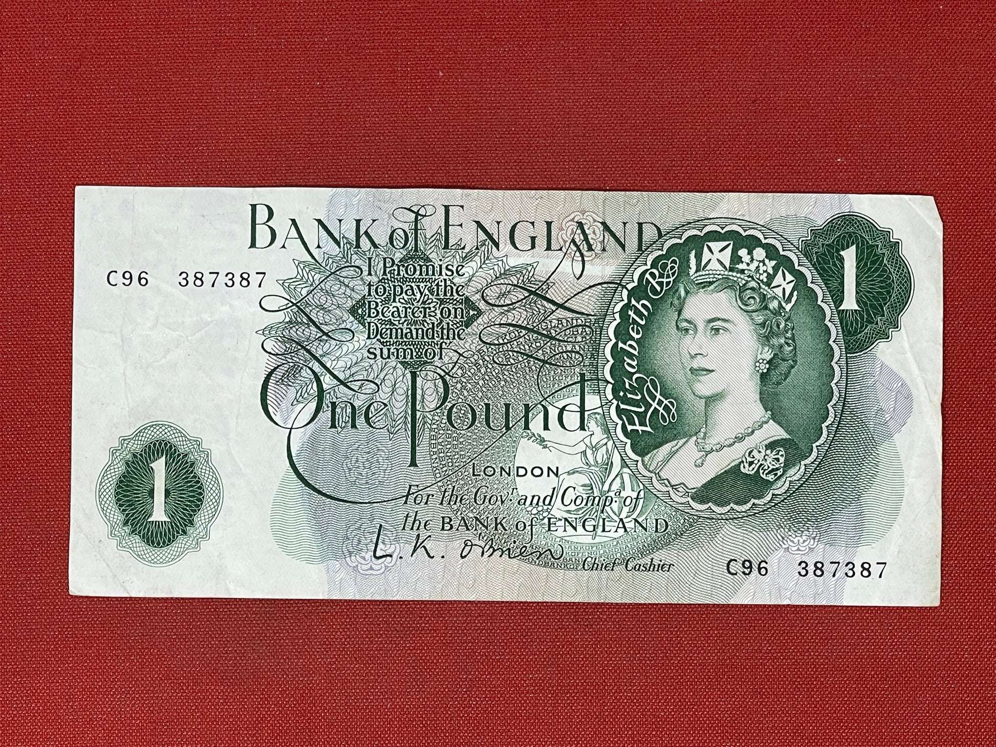 1960 - 1963 Bank of England L K O'Brien Green £1 One Pound Banknote 17th March 1960
