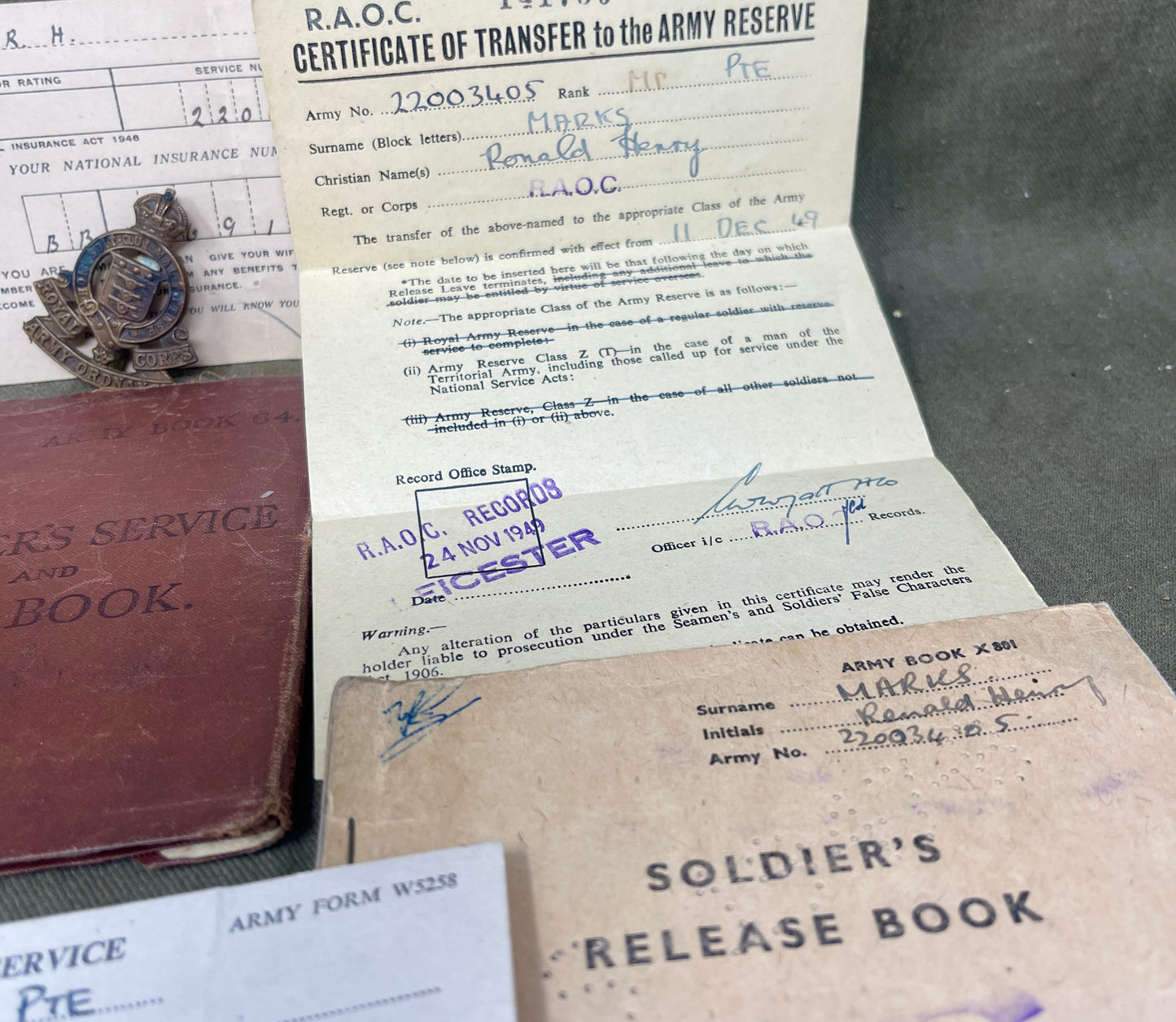 A 1948 Collection Of Demob Service Paperwork to 22003406 Ronald Henry MARKS