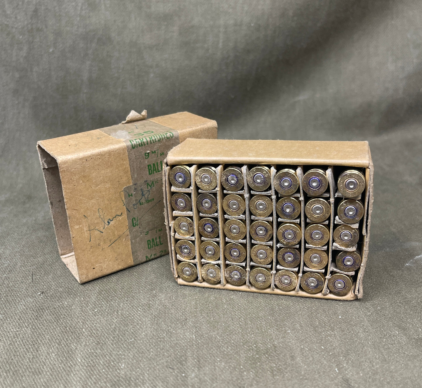 Original British Military Box of 35 INERT 9mm Mk2Z Rounds – RG Radway Green • 1957