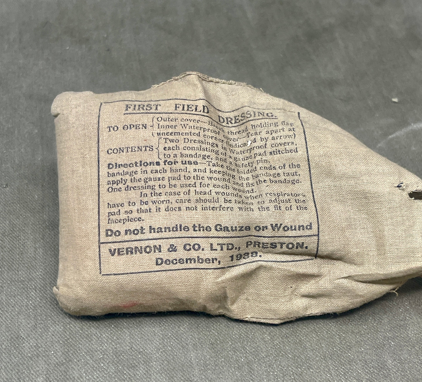 British WW2  ( Single ) First Field Dressing 1938 Dated