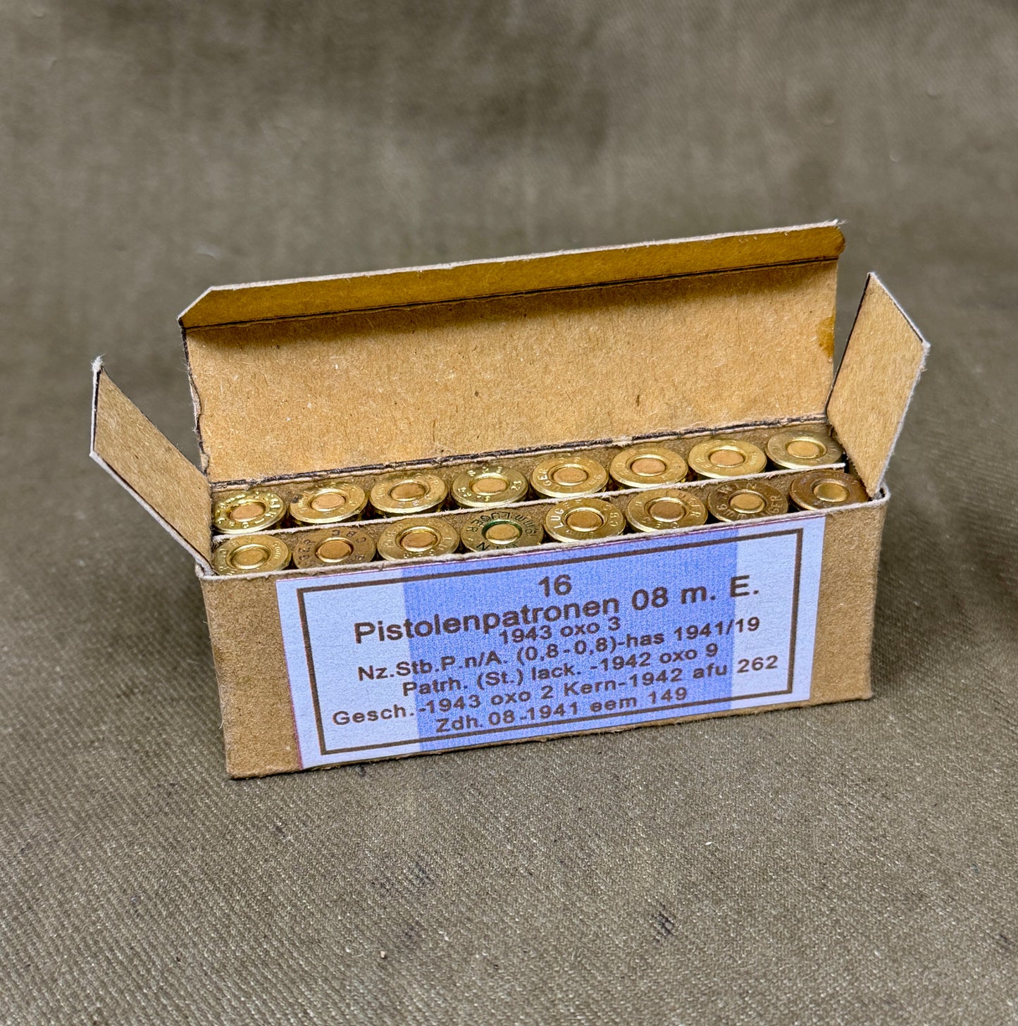 16 x INERT 9mm Luger Pistolenpatronen 08m E 1942 reproduction box