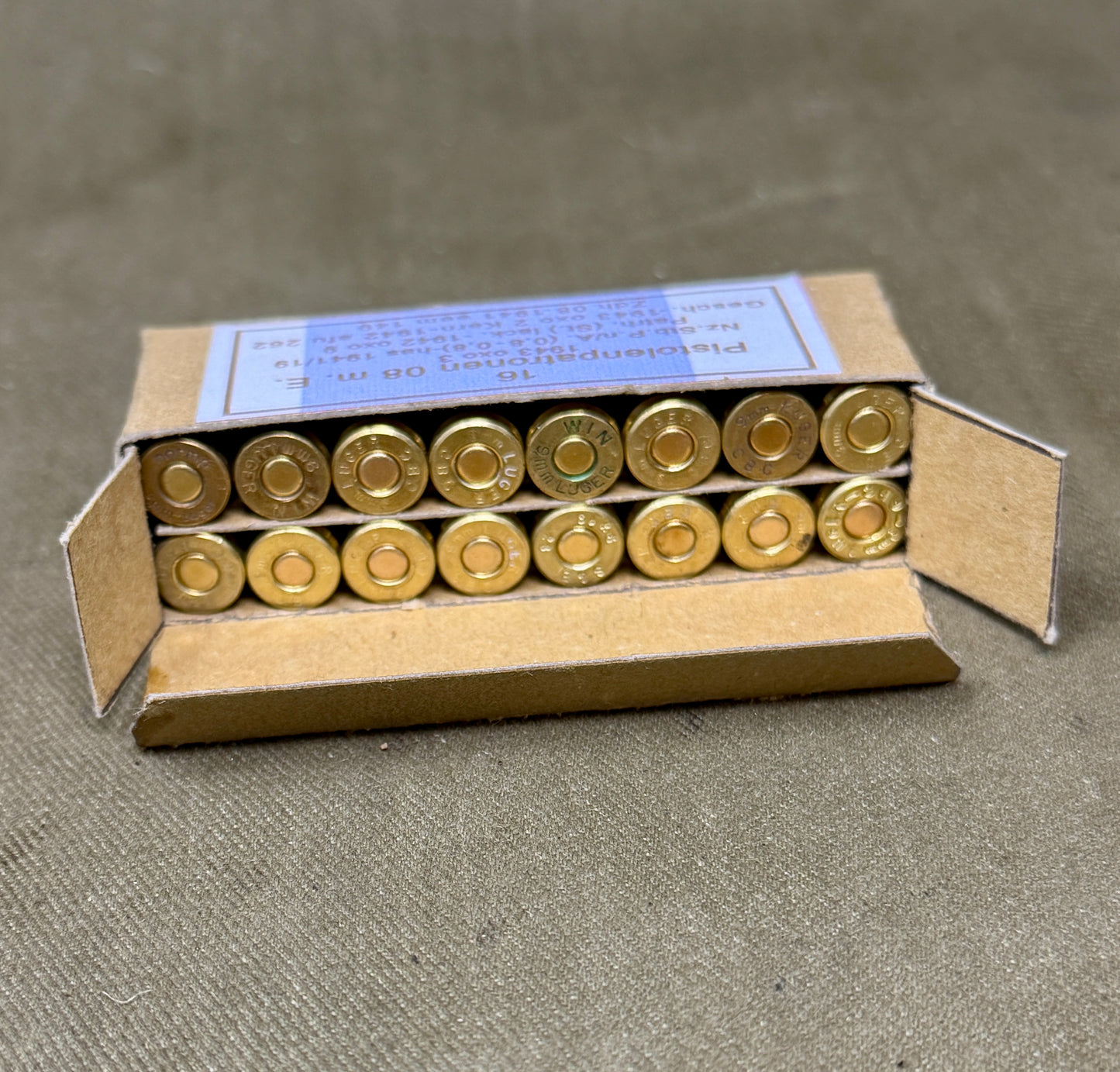16 x INERT 9mm Luger Pistolenpatronen 08m E 1942 reproduction box