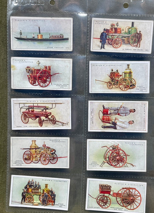 Discover the complete 1936 John Player & Sons "Fire Fighting Appliances" cigarette card set. Featuring 50 detailed cards, this collection showcases various firefighting equipment and techniques, highlighting the evolution of fire safety and the bravery of firefighters