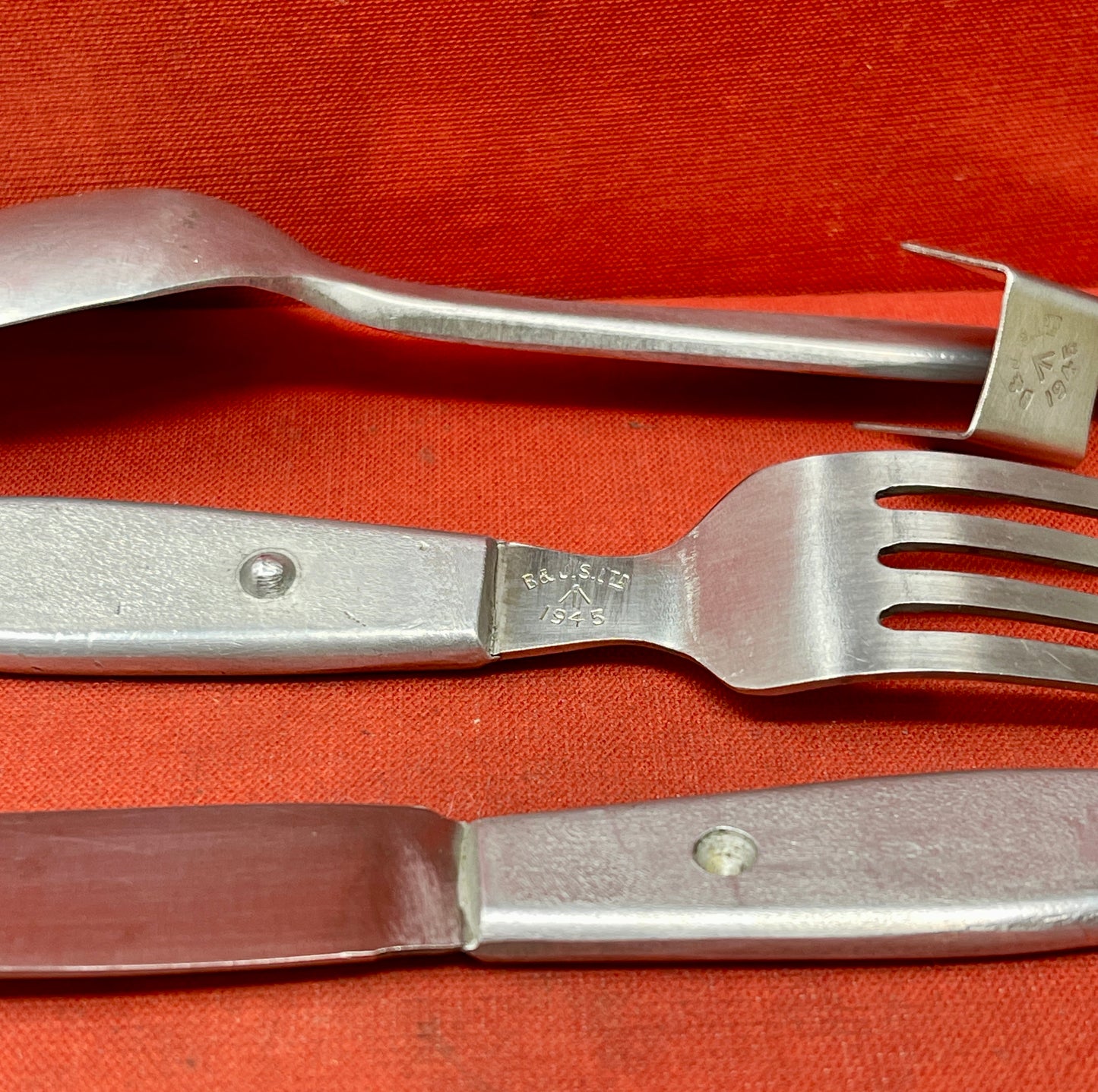 Knife, fork, and spoon set dated 1944 by S &amp; J Sippel Ltd Sheffield