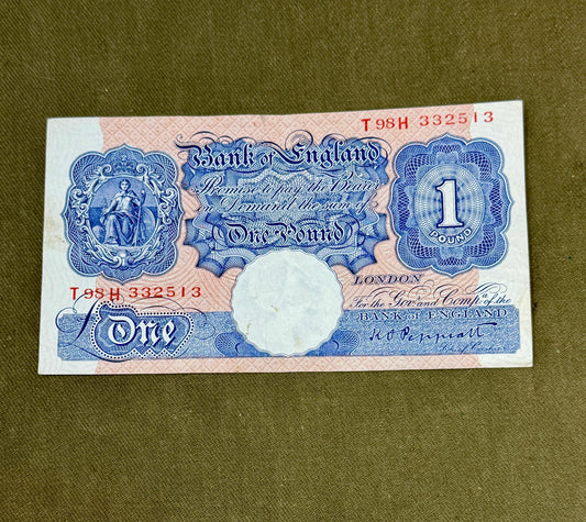 K.O. Peppiatt One Pound Emergency Issue Banknote T98H332513– British Treasury Note (Dugg. B249)