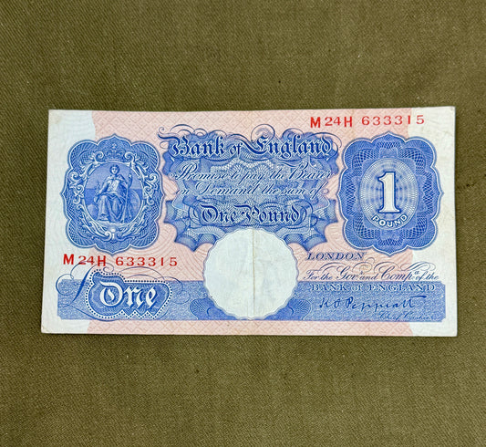 K.O. Peppiatt One Pound Emergency Issue Banknote M24H633315– British Treasury Note (Dugg. B249)