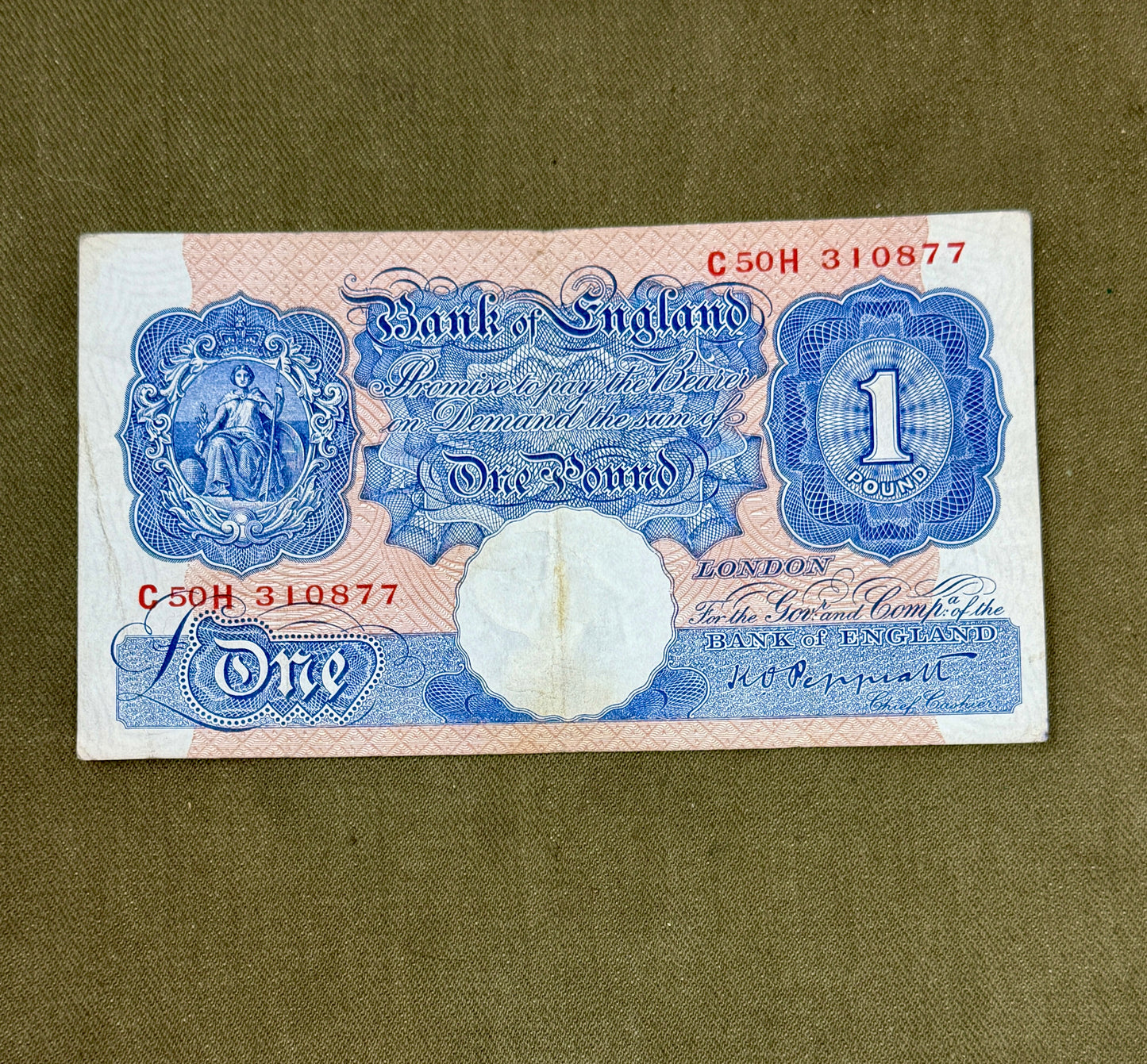 K.O. Peppiatt One Pound Emergency Issue Banknote C50H310877– British Treasury Note (Dugg. B249) )