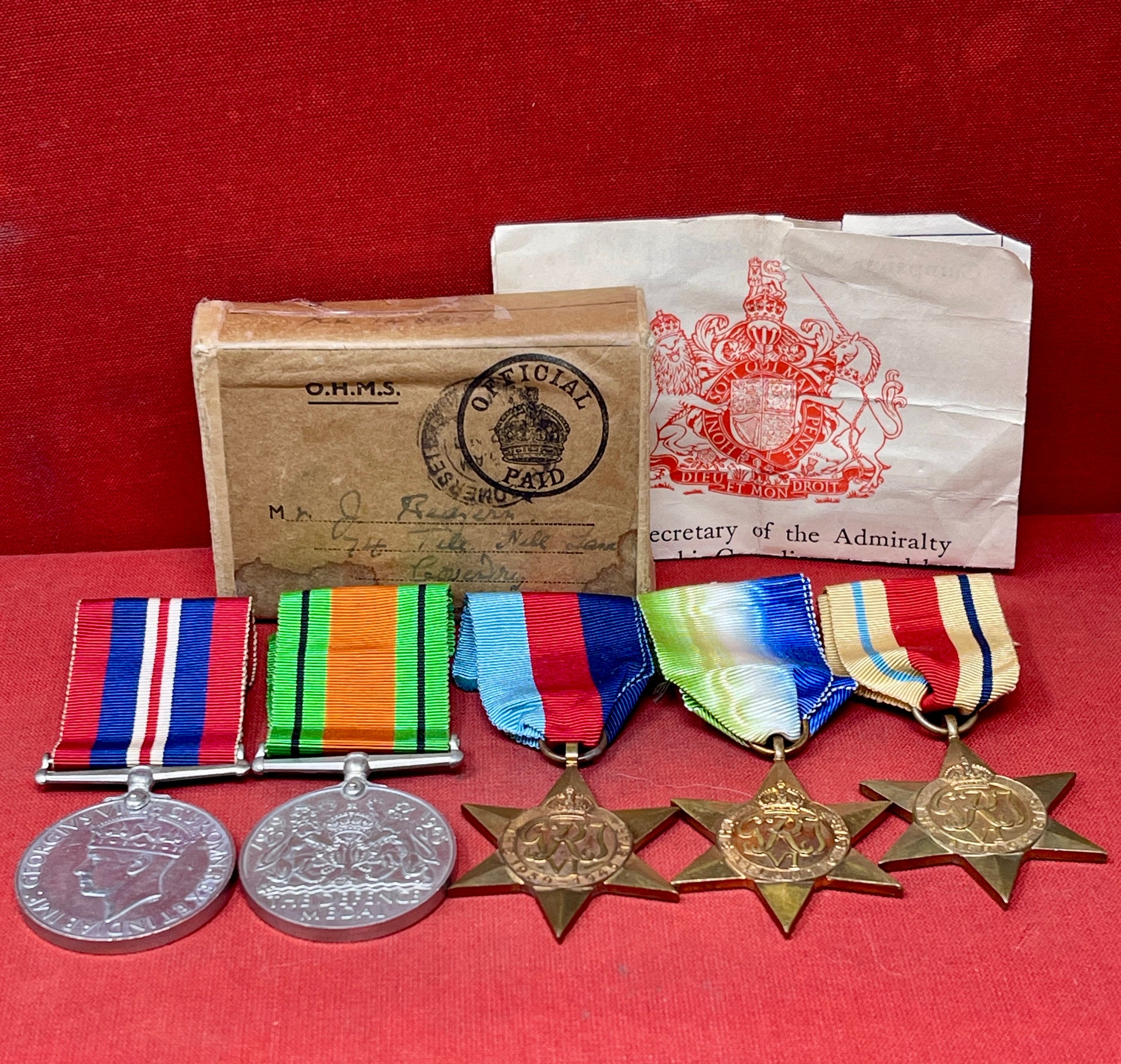 A WWII Royal Navy Medal Group Defence Medal, War Medal, Italy, Africa and 1939-45 Star, Atlantic Star