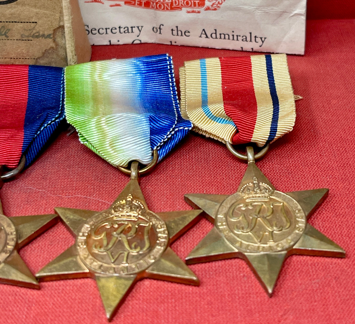 A WWII Royal Navy Medal Group Defence Medal, War Medal, Italy, Africa and 1939-45 Star, Atlantic Star