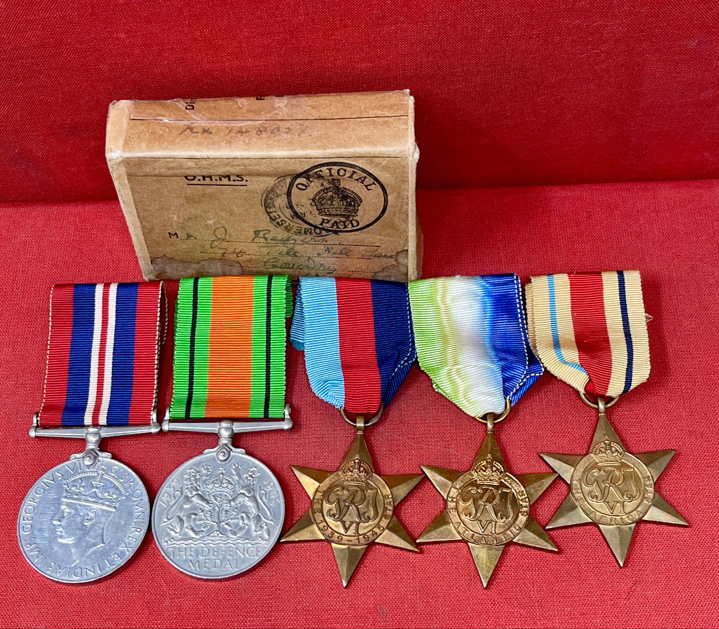 A WWII Royal Navy Medal Group Defence Medal, War Medal, Italy, Africa and 1939-45 Star, Atlantic Star