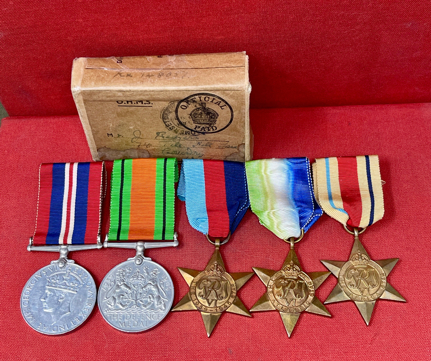 A WWII Medal Group Defence Medal, War Medal,  Africa , France Germany & 1939-45 Stars.