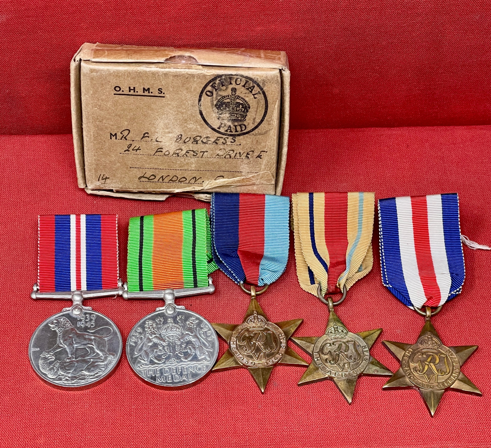 A WWII Medal Group Defence Medal, War Medal,  Africa , France Germany & 1939-45 Stars.