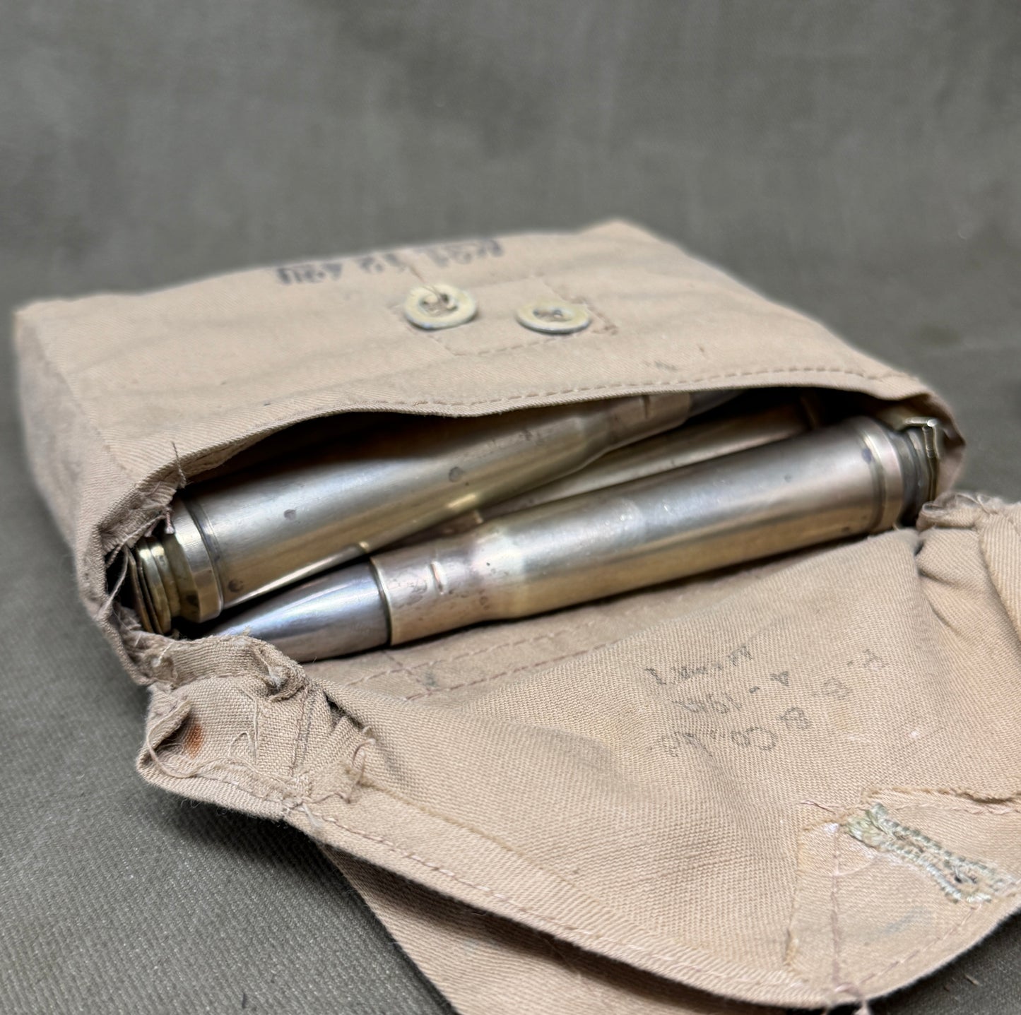 WW2 .55 Boys Anti-Tank Rounds on Clips in Original 1942 Cloth Carry Case – K42 Headstamps (10 Inert Rounds)