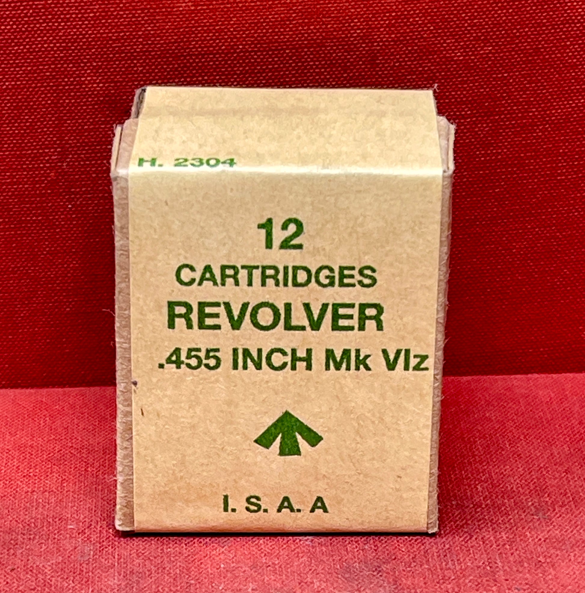 Authentic 12-round reproduction box of British .455 inert/display revolver cartridges. Perfect for collectors, reenactors, and historical displays. Safe & non-functional.