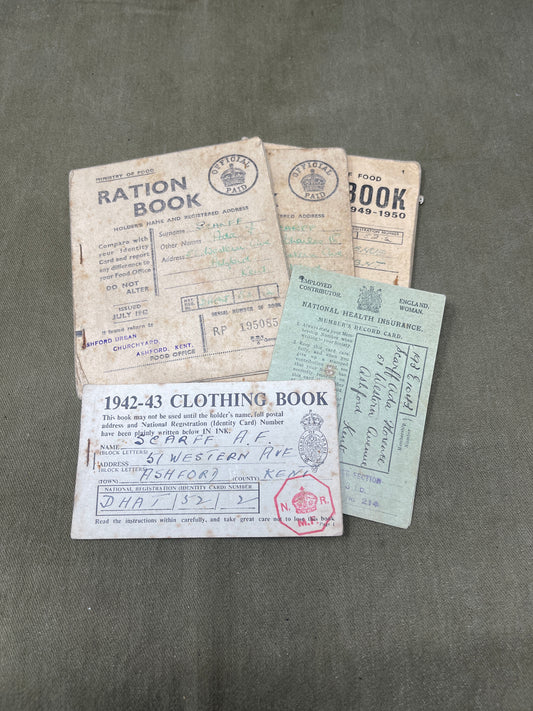 WW2 Home Front  Food and Clothing Ration Book, National Health Insurance Card