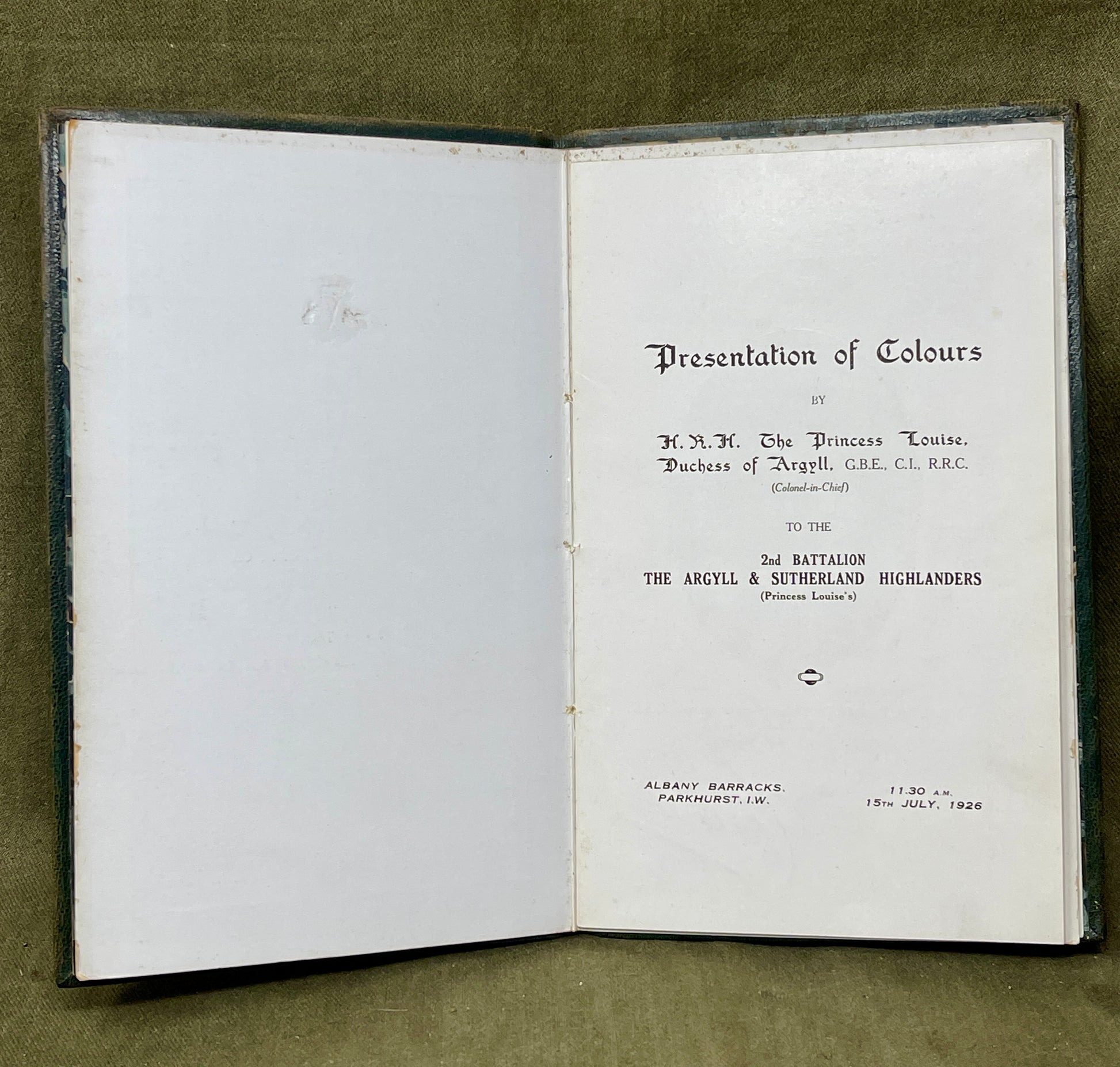 Original Official Program  Presentation of Colours to the 2nd Battalion The Argyll & Sutherland Highlanders 11.30am 15th July 1926