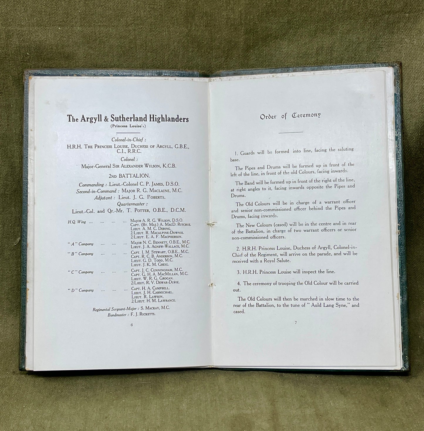 Original Official Program  Presentation of Colours to the 2nd Battalion The Argyll & Sutherland Highlanders 11.30am 15th July 1926