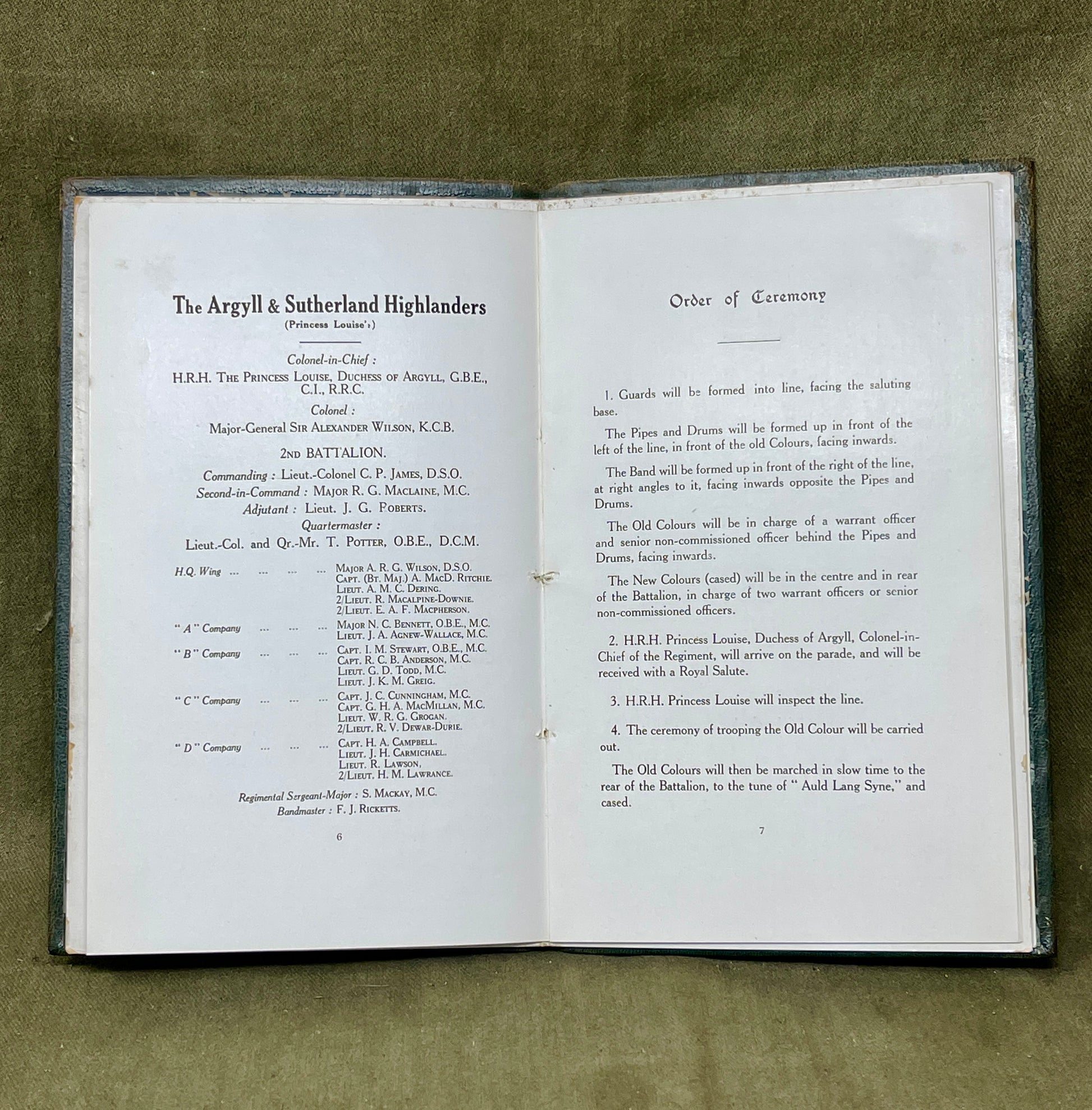 Original Official Program  Presentation of Colours to the 2nd Battalion The Argyll & Sutherland Highlanders 11.30am 15th July 1926