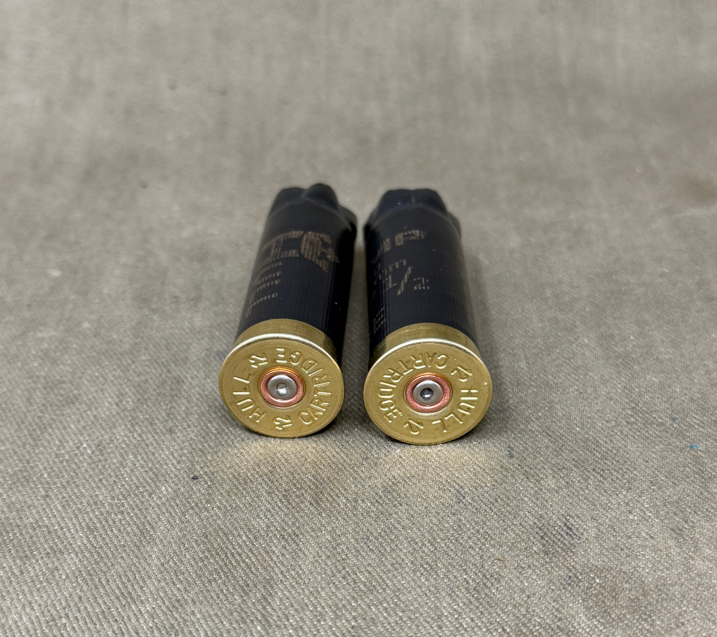 2 x Empty Black Fired Hull Shotgun Cartridge Cases