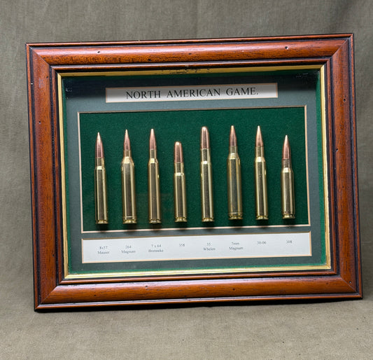 North American Game Rifle Cartridge Display – Framed Inert Ammunition Collection