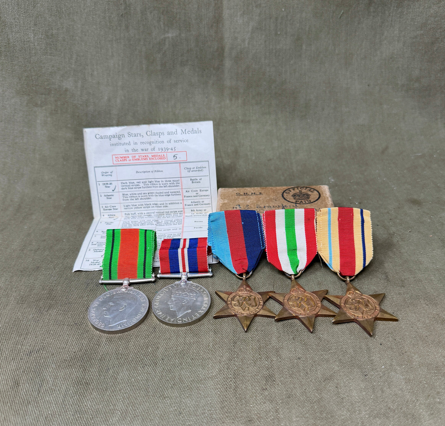 Original WWII Medal Group to Mr S Crawford – Africa Star, Italy Star & Named OHMS Issue Box