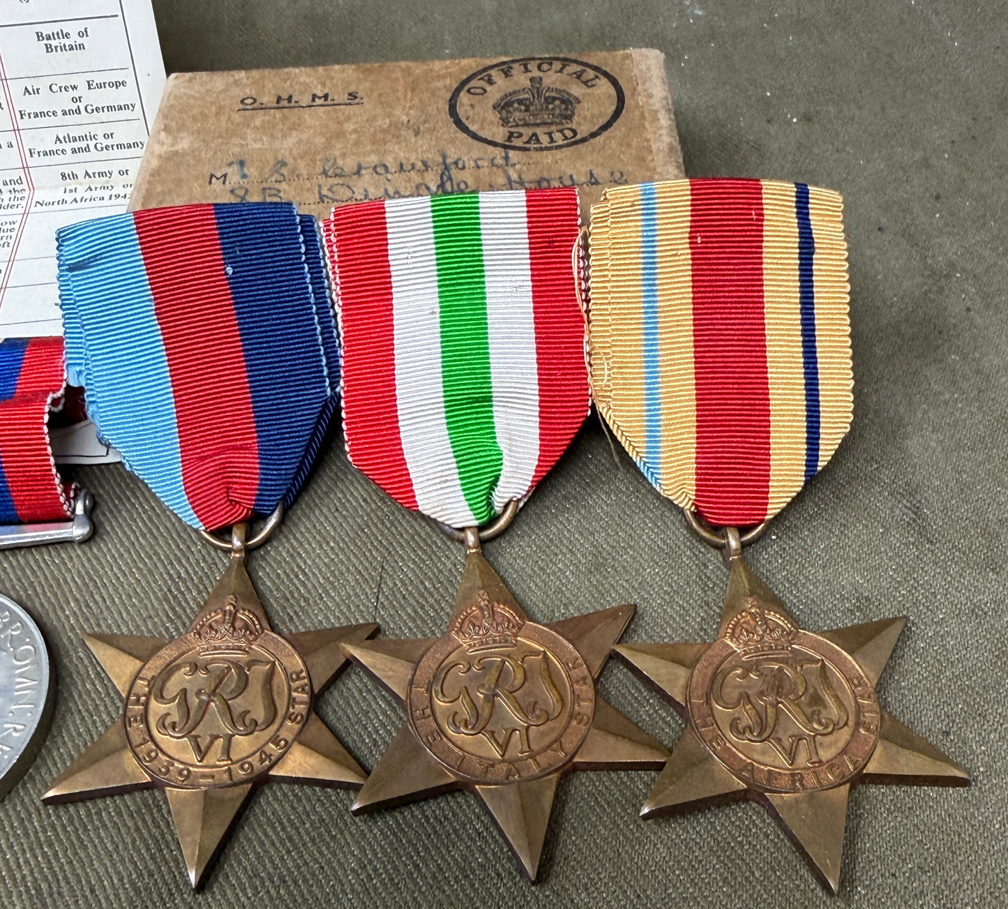 Original WWII Medal Group to Mr S Crawford – Africa Star, Italy Star & Named OHMS Issue Box