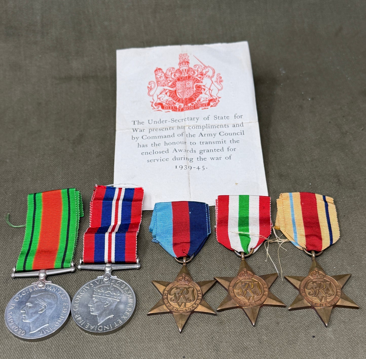 Original WWII Medal Group to Mr S Crawford – Africa Star, Italy Star & Named OHMS Issue Box
