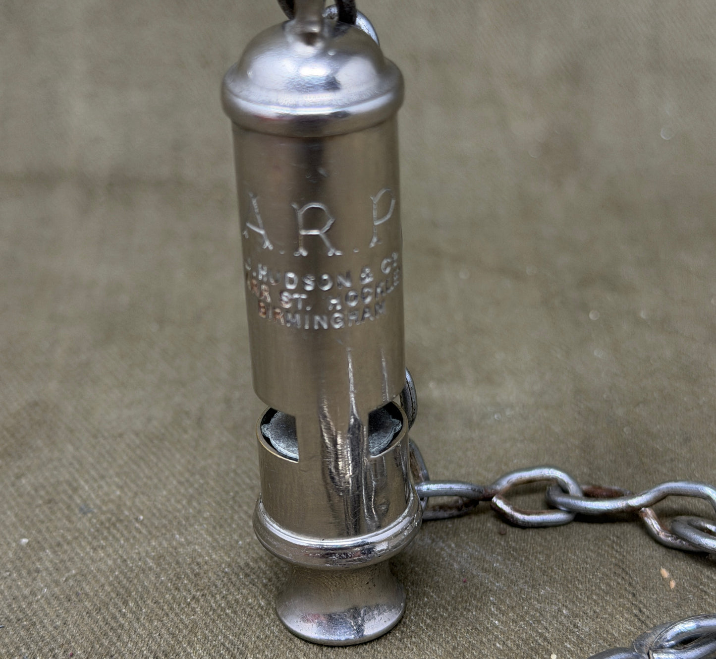 Original WWII British A.R.P. Air Raid Precautions Whistle by J. Hudson & Co, Birmingham with Original Chain