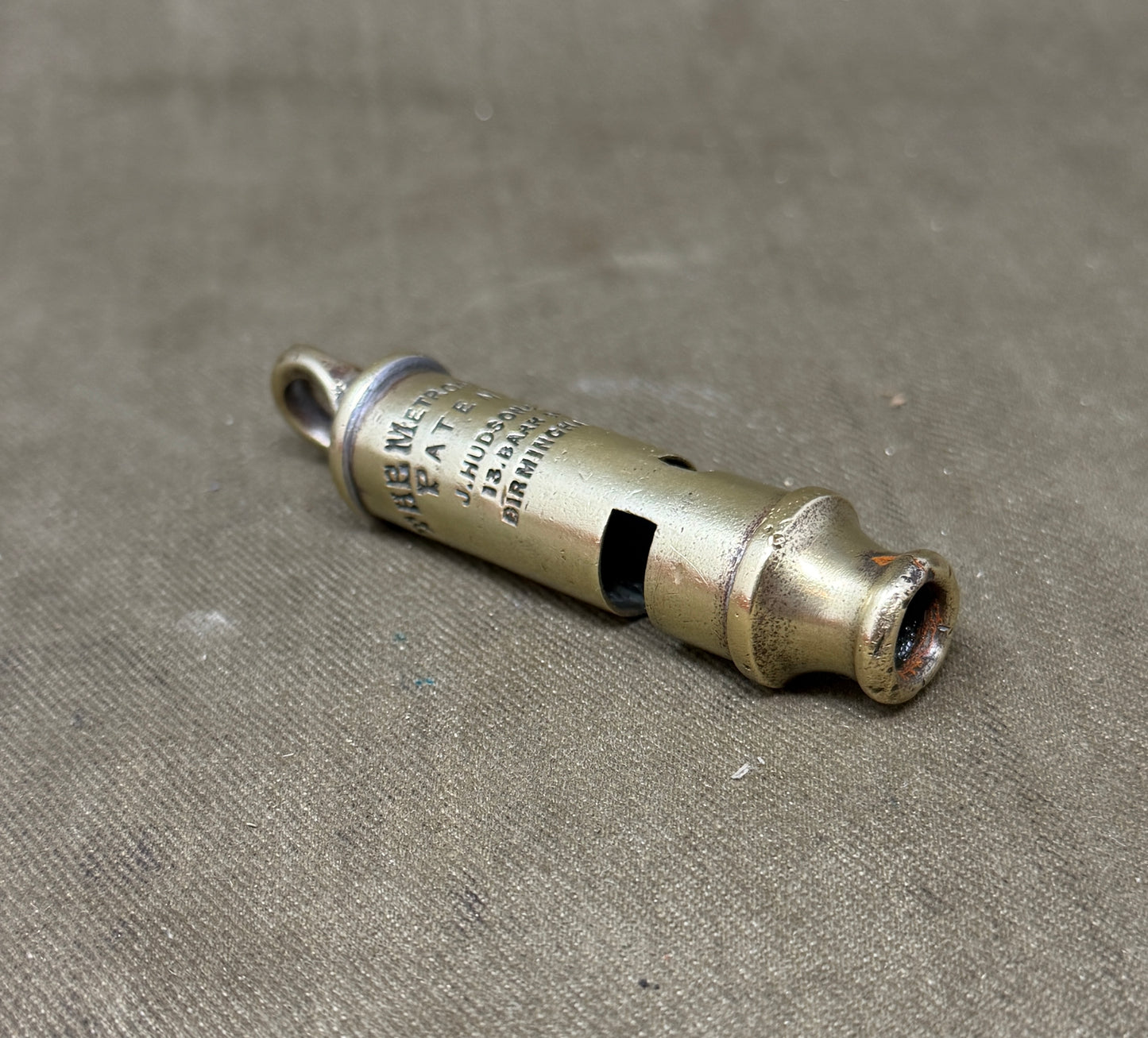 Original Victorian J. Hudson & Co Metropolitan Patent Brass Police Whistle – 13 Barr Street Birmingham c.1890-1910