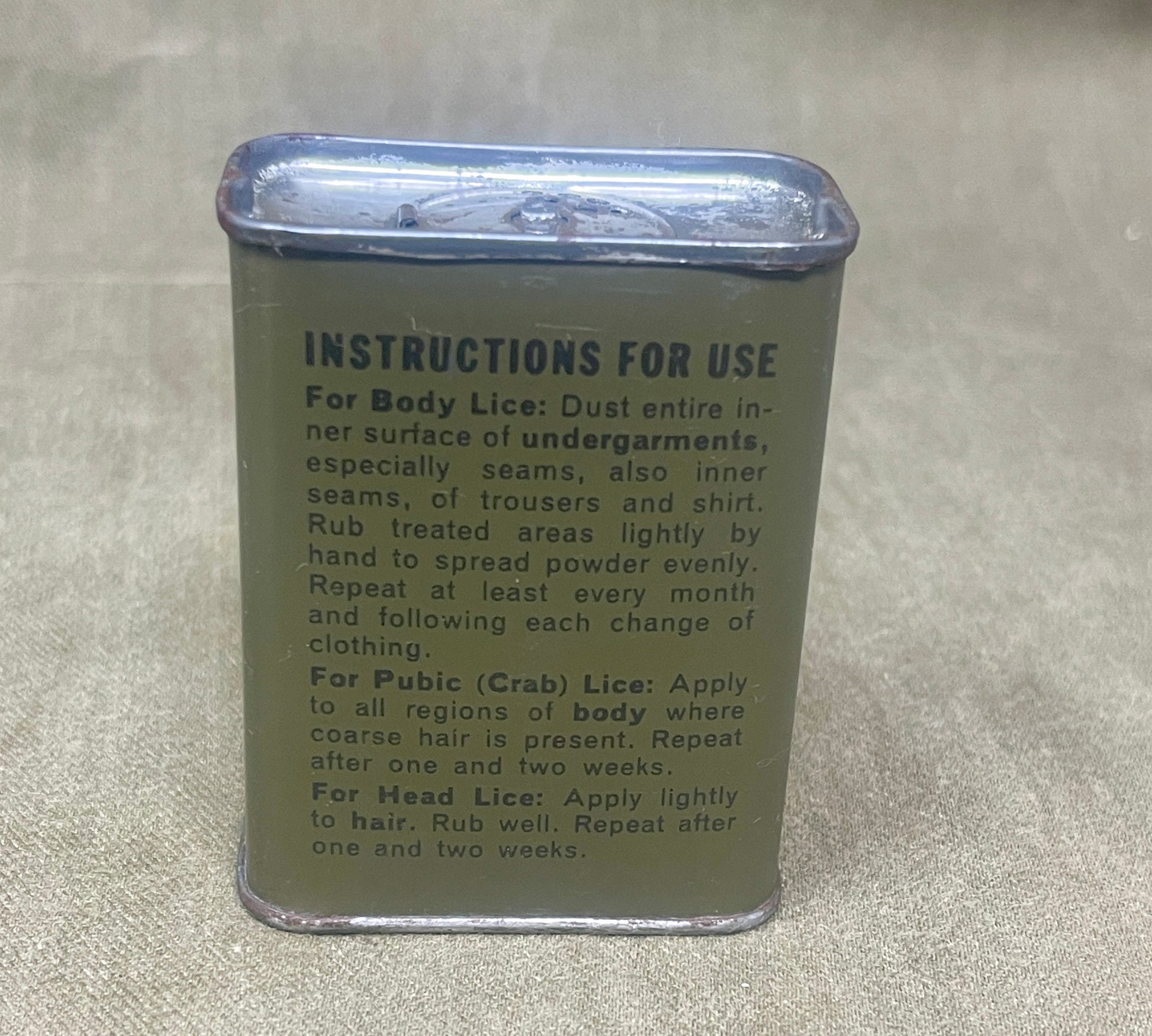 Genuine WWII US insecticide powder tin, manufactured by McCormick & Co., Baltimore, Maryland. Contents: 2 oz. Issued to every GI.

Mint, unopened condition, straight from the carton dated June 1943